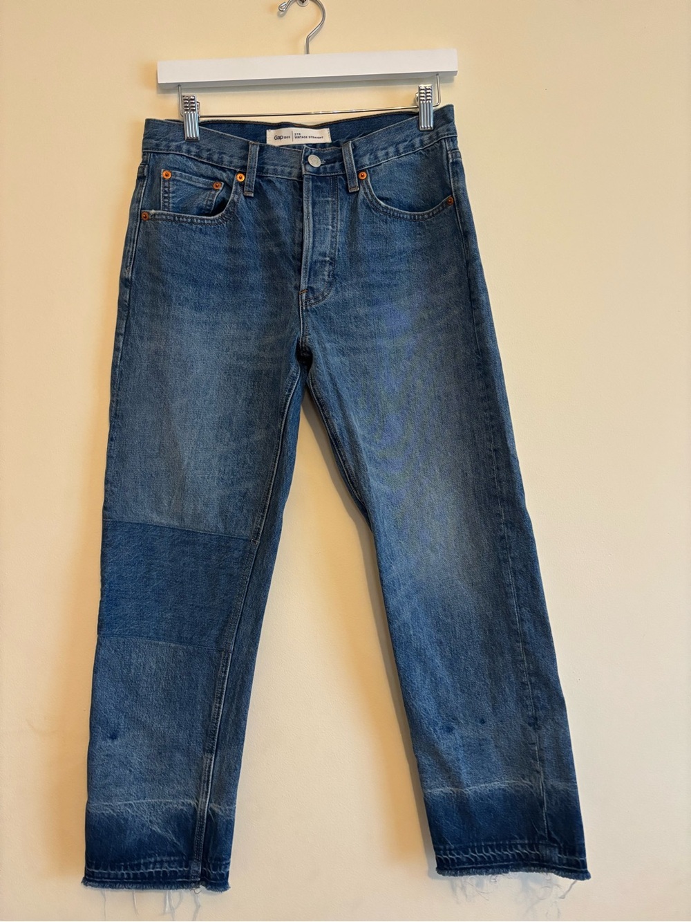 GAP Women’s Patchwork Straight-Leg Denim Jeans, Raw Hem Size 27R